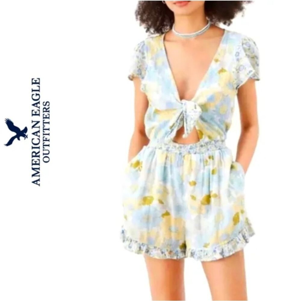 American Eagle Pastel Green Blue Floral Retro Style Plunge Tie Romper S